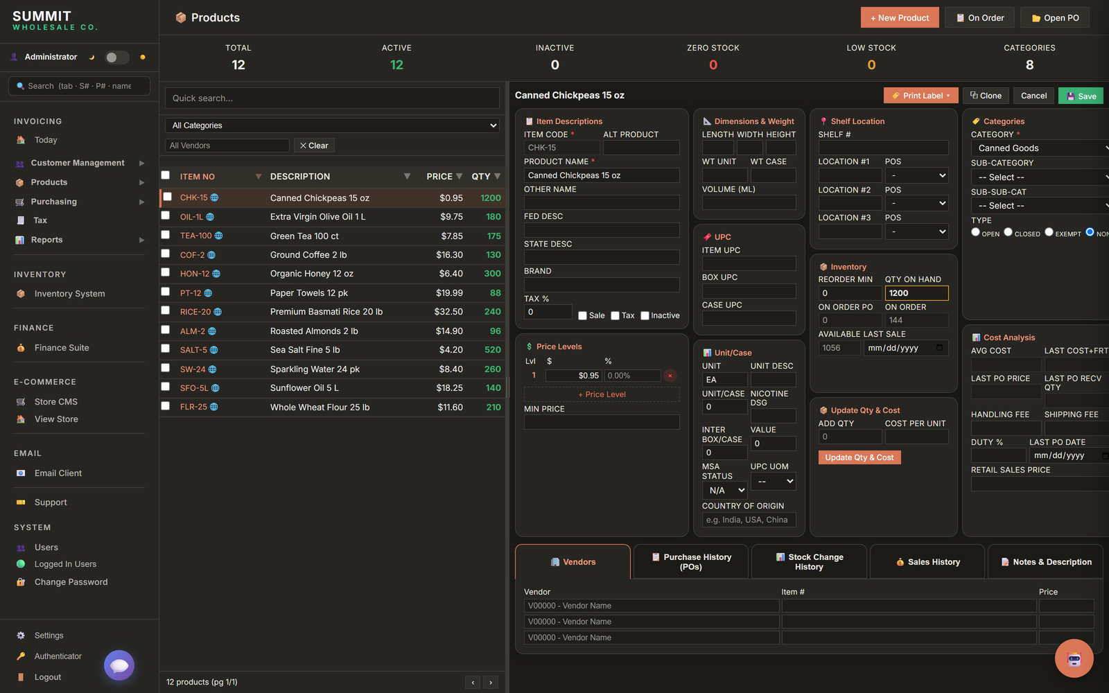 Orventa inventory — a full product record with real-time stock, tiered pricing, and cost analysis