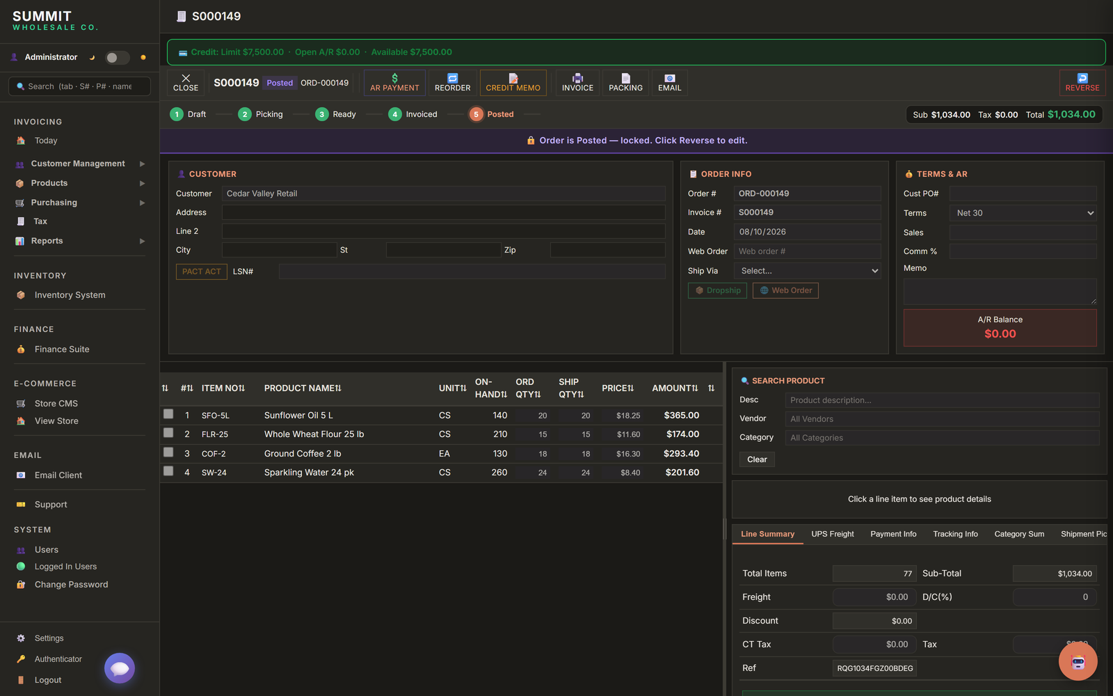 Orventa order detail — line items, live stock, status pipeline, and totals